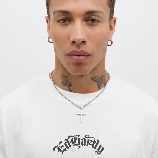 Trapstar Stainless Steel Cross Necklace in Pose
